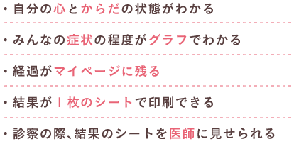 ・自分の心とからだの状態がわかる・みんなの症状の程度がグラフでわかる・経過がマイページに残る・結果が1枚のシートで印刷できる・診察の際、結果のシートを医師に見せられる