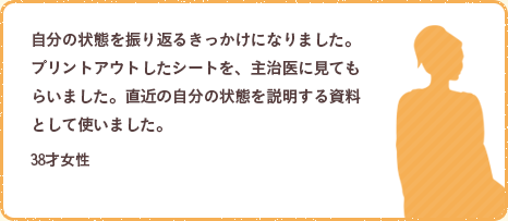 自分の状態を振り返るきっかけになりました。プリントアウトしたシートを、主治医に見てもらいました。直近の自分の状態を説明する資料として使いました。38才女性